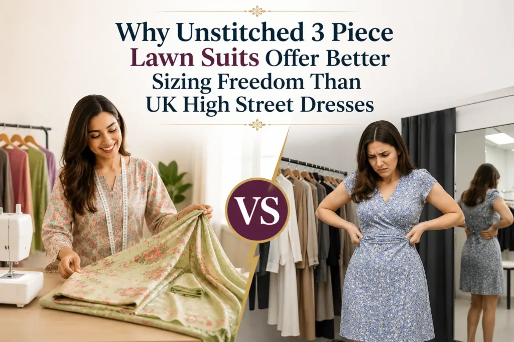 Why Unstitched 3 Piece Lawn Suits Offer Better Sizing Freedom Than UK High Street Dresses 1 Why Unstitched 3-Piece Lawn Suits Beat UK High Street Sizing