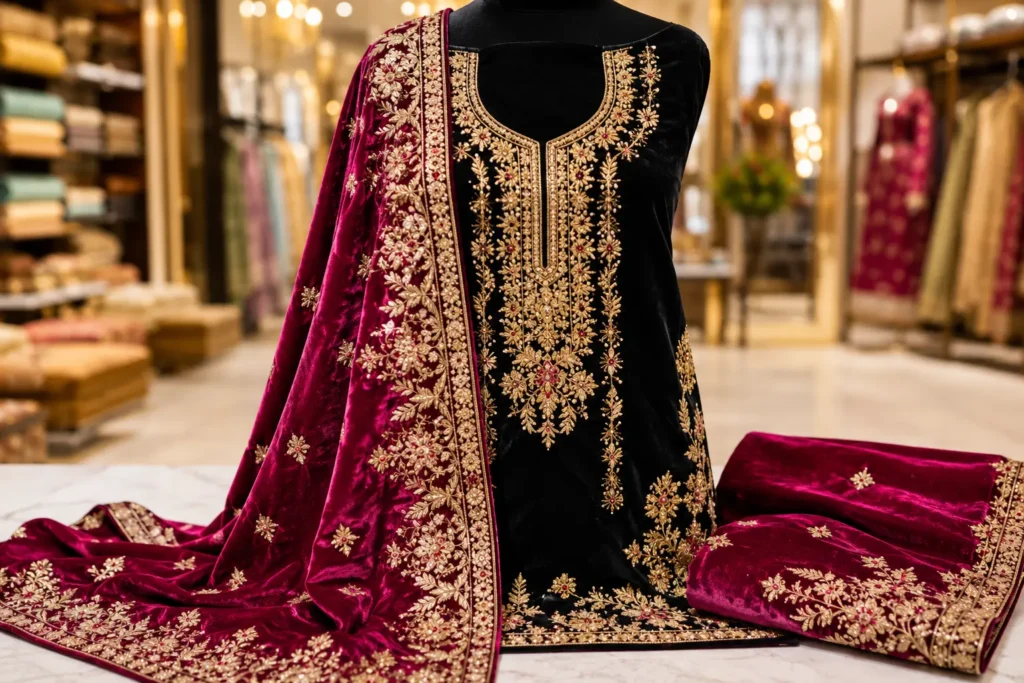 Luxury velvet unstitched dress with gold zardosi and tilla embroidery