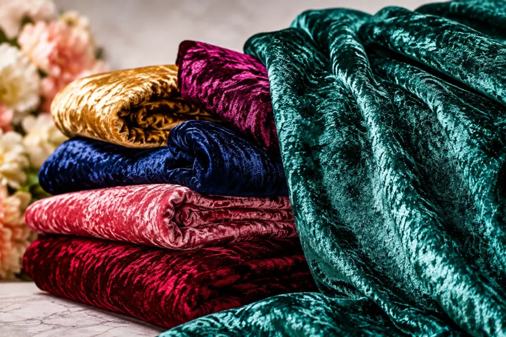 Close-up of vibrant multicolor crushed velvet unstitched fabric rolls with rich texture
