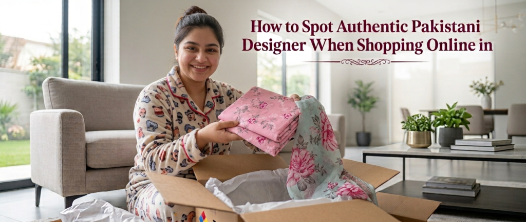 Happy Pakistani girl in her UK living room unboxing an authentic Pakistani designer wear suit with a floral dupatta.