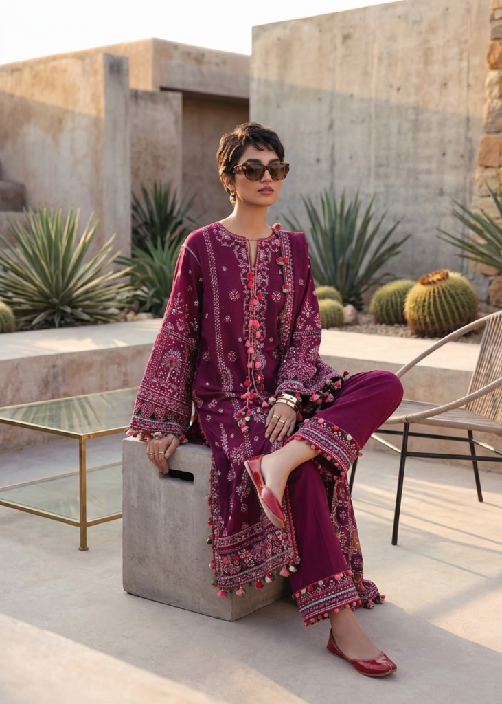 magenta embroidered chiffon suit