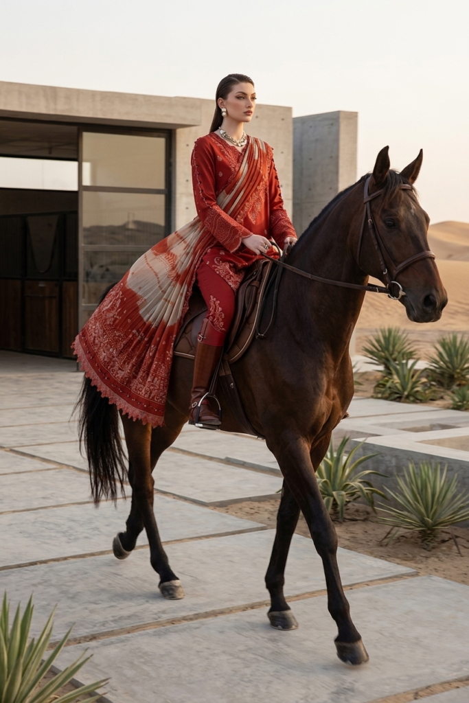 rust red embroidered designer karandi suit