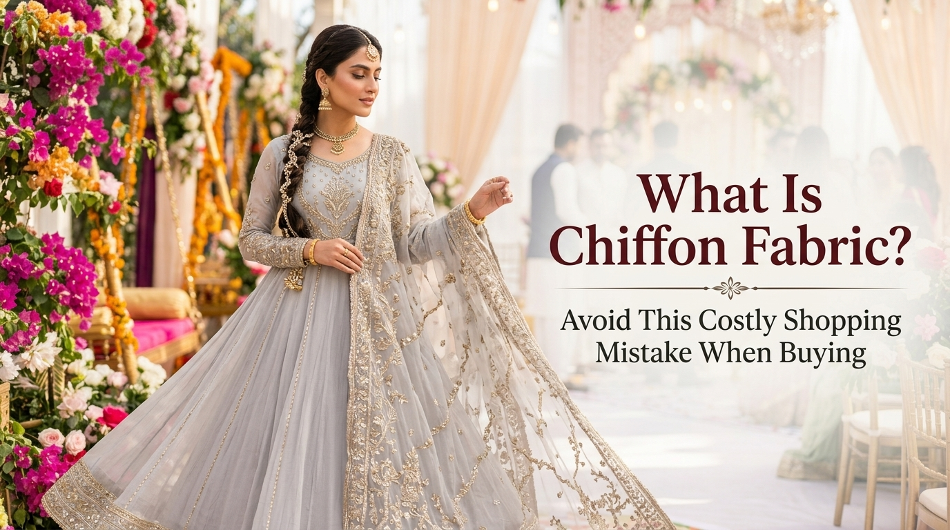 A model wearing a light grey Anarkali dress explaining what is chiffon fabric in Pakistani suits