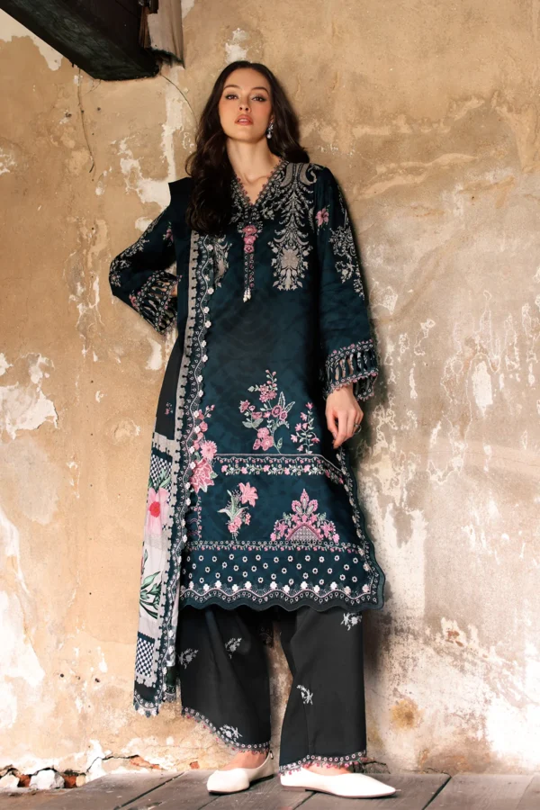 Charizma 3-PC Unstitched Embroidered Linen ANW7-01 from latest winter collection, luxurious embroidered linen suit at Zee Collections UK, full front look