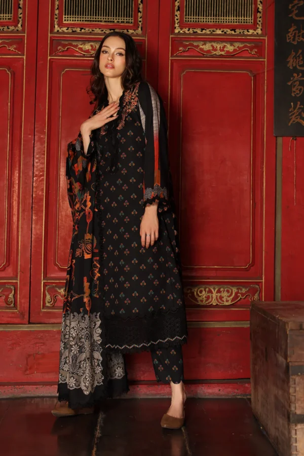 Charizma 3-PC Unstitched Embroidered Linen ANW7-10 from latest winter collection, luxurious embroidered linen suit at Zee Collections UK, full front look