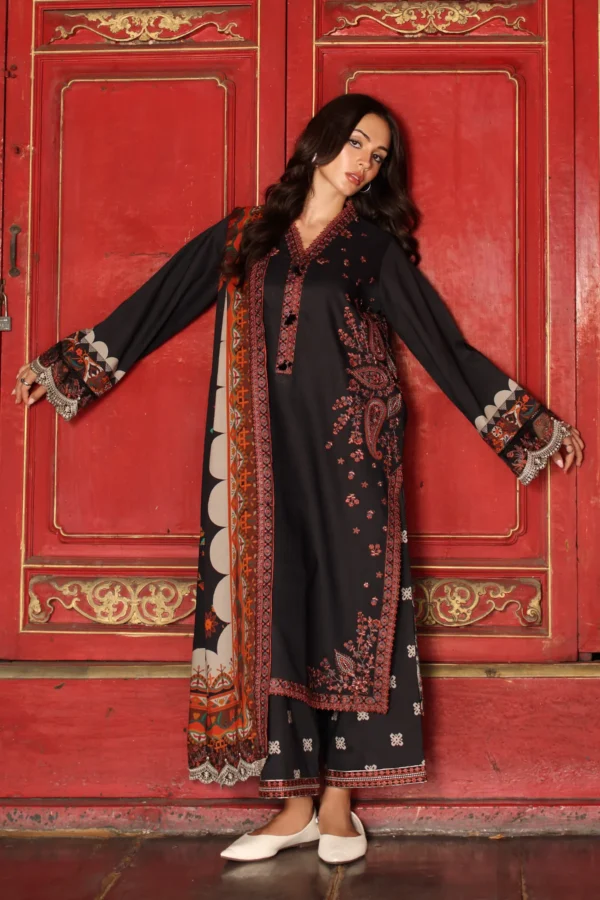 Charizma 3-PC Unstitched Embroidered Linen ANW7-02 from latest winter collection, luxurious embroidered linen suit at Zee Collections UK, front look