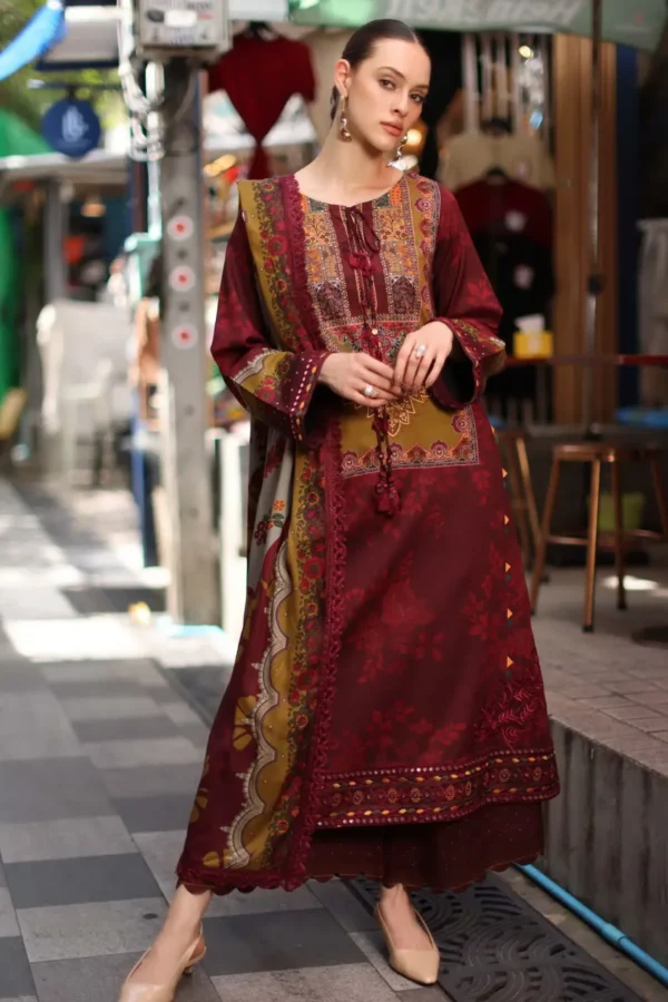 Charizma 3-PC Unstitched Embroidered Linen ANW7-03 from latest winter collection, luxurious embroidered linen suit at Zee Collections UK, full front look