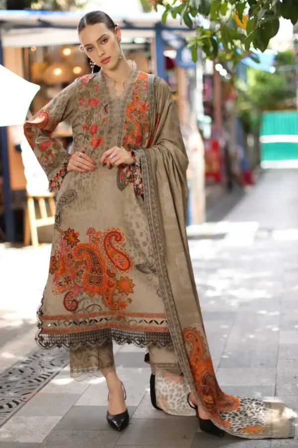 Charizma 3-PC Unstitched Embroidered Linen ANW7-04 from latest winter collection, luxurious embroidered linen suit at Zee Collections UK, full front look