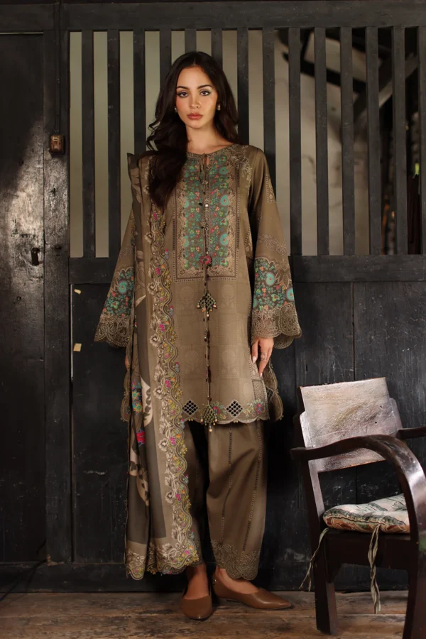 Charizma 3-PC Unstitched Embroidered Linen ANW7-05 from latest winter collection, luxurious embroidered linen suit at Zee Collections UK, front look