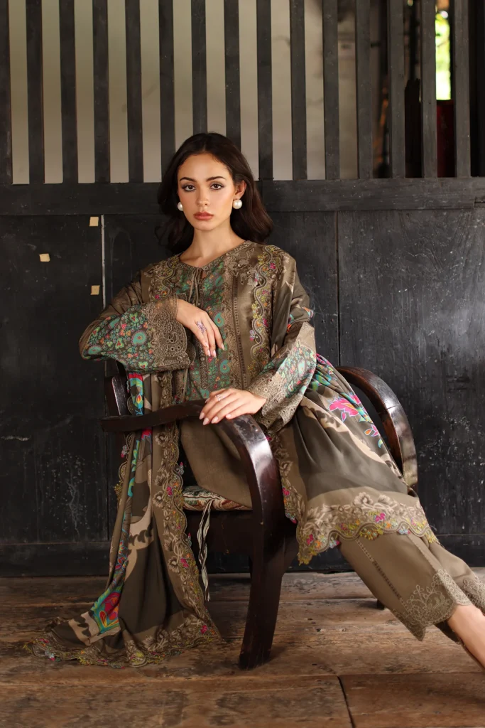 Charizma 3-PC Unstitched Embroidered Linen ANW7-05 from latest winter collection, luxurious embroidered linen suit at Zee Collections UK, sleeves look