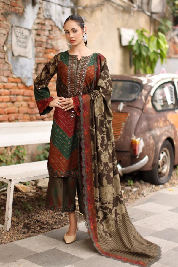 Charizma 3-PC Unstitched Embroidered Linen ANW7-06 from latest winter collection, luxurious embroidered linen suit at Zee Collections UK, front look
