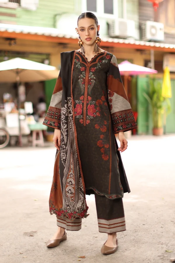 Charizma 3-PC Unstitched Embroidered Linen ANW7-07 from latest winter collection, luxurious embroidered linen suit at Zee Collections UK, front look