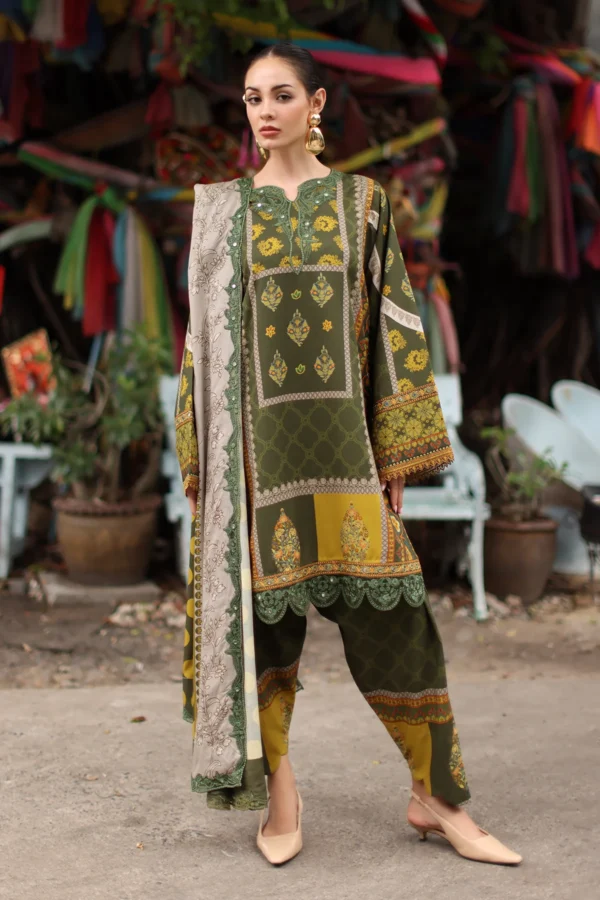 Charizma 3-PC Unstitched Embroidered Linen ANW7-08 from latest winter collection, luxurious embroidered linen suit at Zee Collections UK, front look