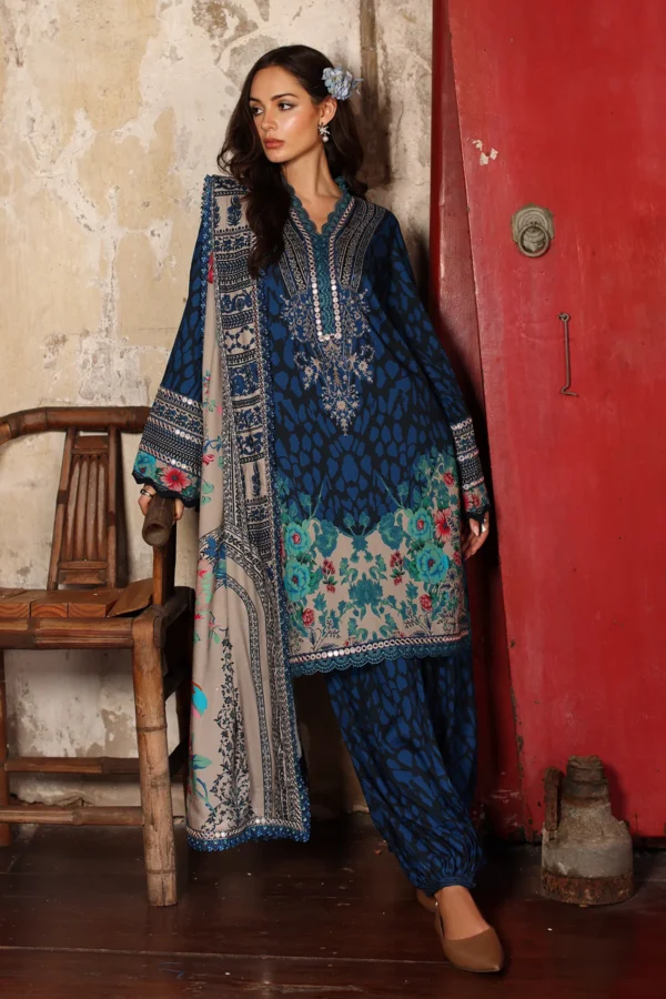Charizma 3-PC Unstitched Embroidered Linen ANW7-09 from latest winter collection, luxurious embroidered linen suit at Zee Collections UK, front look