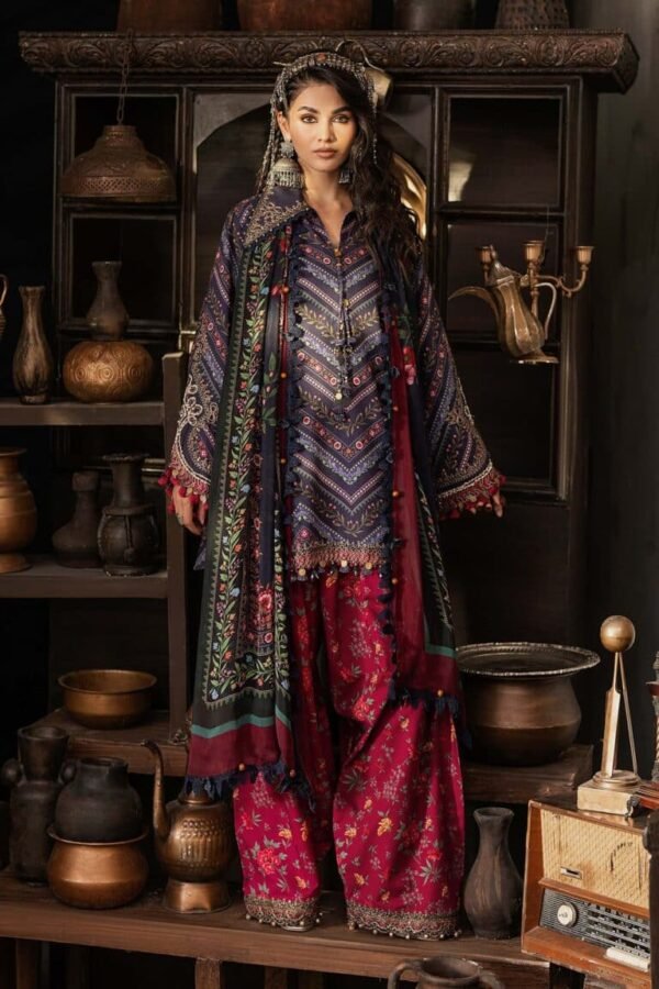 Maria B M.Prints 3-PC Unstitched Embroidered Cambric Suit MPT-3107-B, Maria B UK latest winter collection at Zee Collections, full front look