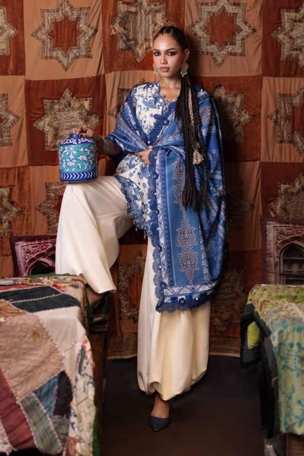 Maria B M.Prints 3-PC Unstitched Embroidered Irish Linen Suit MPT-3108-A, Maria B UK latest winter collection at Zee Collections, full front look