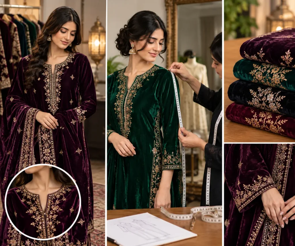Pakistani women wearing richly embroidered velvet suits while a tailor takes measurements, with luxurious unstitched velvet fabrics in deep jewel tones.