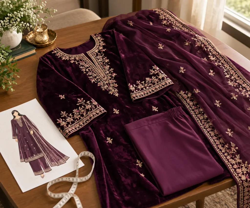 Deep plum velvet unstitched Pakistani suit fabric arranged on a wooden table with embroidered neckline and sleeves, matching trouser fabric, dupatta, fashion sketch and measuring tape.