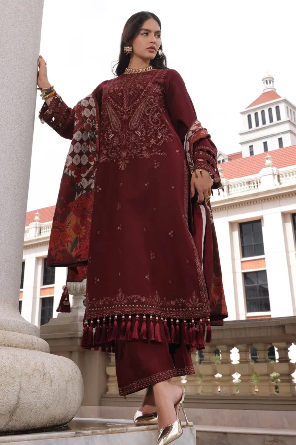 Charizma Winter Collection PSW6-18, 3-Piece Unstitched Poshima Embroidered Peach Leather Volume III 2026, Zee Collections UK, full front look