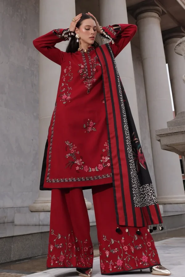 Charizma Winter Collection PSW6-20, 3-Piece Unstitched Poshima Embroidered Peach Leather Volume III 2026, Zee Collections UK, full front look