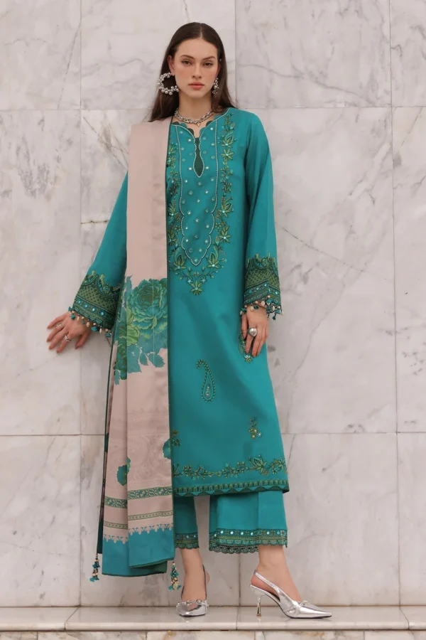Charizma Winter Collection PSW6-21, 3-Piece Unstitched Poshima Embroidered Peach Leather Volume III 2026, Zee Collections UK, full front look