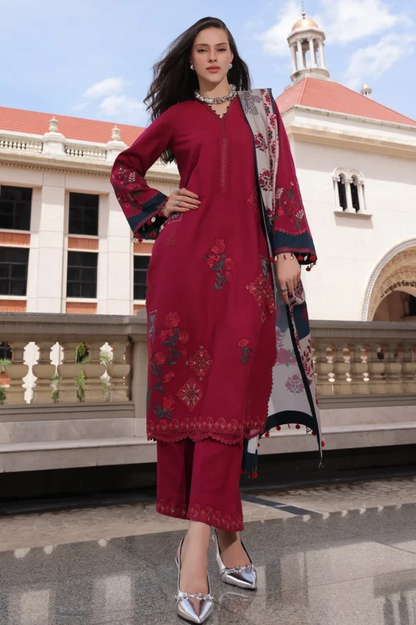 Charizma Winter Collection PSW6-23, 3-Piece Unstitched Poshima Embroidered Peach Leather Volume III 2026, Zee Collections UK, full front look