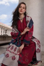 Charizma Winter Collection PSW6-23, 3-Piece Unstitched Poshima Embroidered Peach Leather Volume III 2026, Zee Collections UK, shawl look