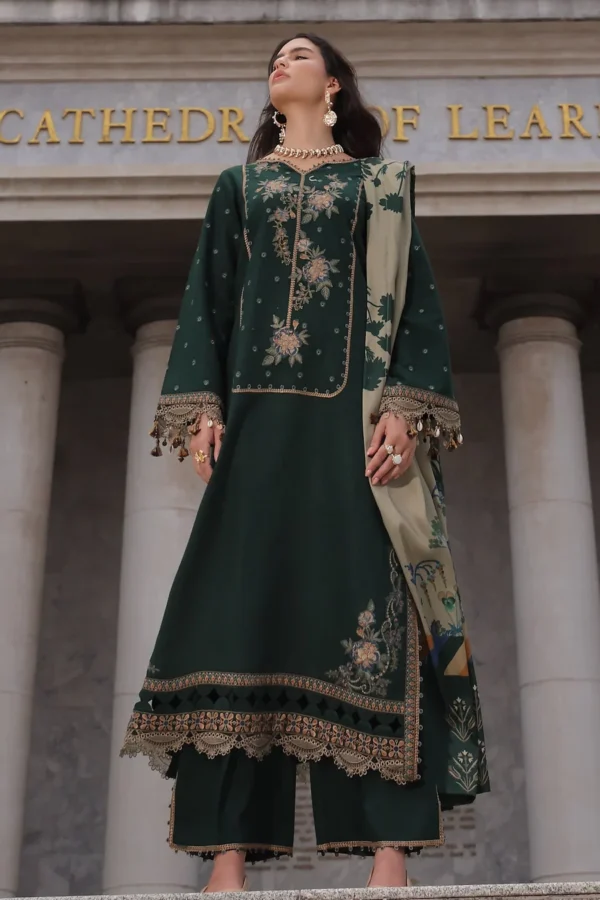 Charizma Winter Collection PSW6-24, 3-Piece Unstitched Poshima Embroidered Peach Leather Volume III 2026, Zee Collections UK, full front look