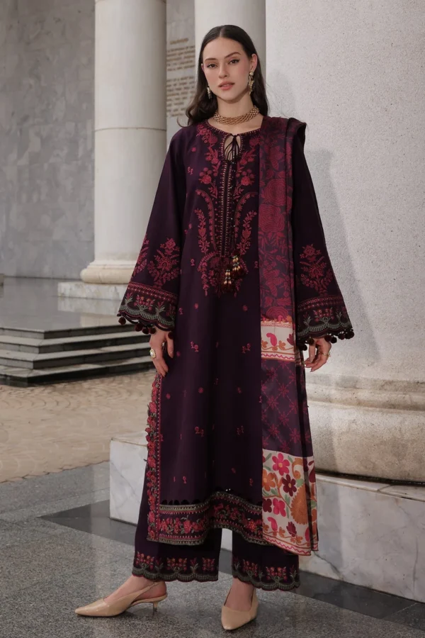 Charizma Winter Collection PSW6-25, 3-Piece Unstitched Poshima Embroidered Peach Leather Volume III 2026, Zee Collections UK, full front look