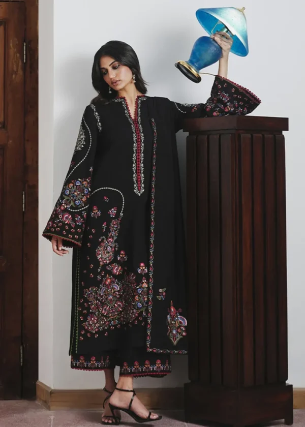 Jugnu By Hussain Rehar AW26 Cyprus| 3-PC Unstitched Embroidered Karandi Suit ‘26, UK winter collection, full front look