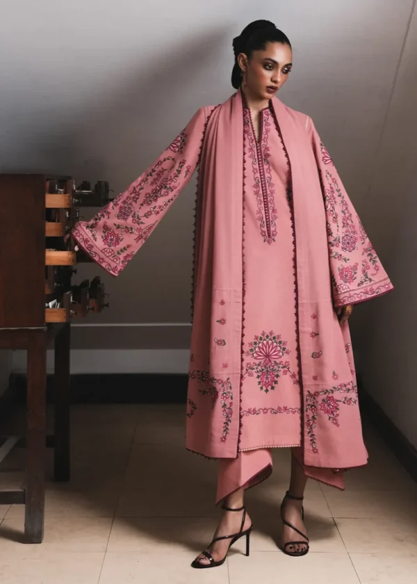 Jugnu By Hussain Rehar AW26 Dahlia | 3-PC Unstitched Embroidered Karandi Suit ‘26, UK winter collection, full front look