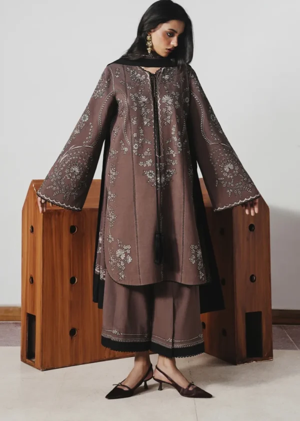 Jugnu By Hussain Rehar AW26 Jabah| 3-PC Unstitched Embroidered Karandi Suit ‘26, UK winter collection, full front look