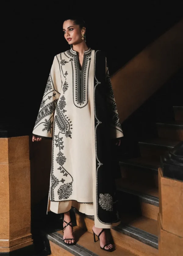 Jugnu By Hussain Rehar AW26 Nigah| 3-PC Unstitched Embroidered Karandi Suit ‘26, UK winter collection, full front look