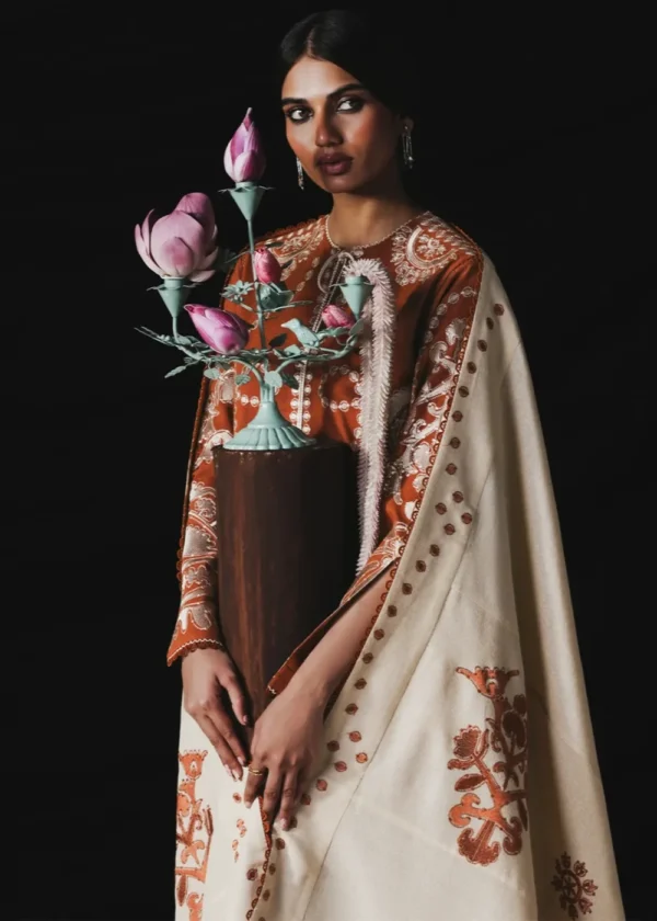 Jugnu By Hussain Rehar AW26 Tazetta| 3-PC Unstitched Embroidered Karandi Suit ‘26, UK winter collection, front look