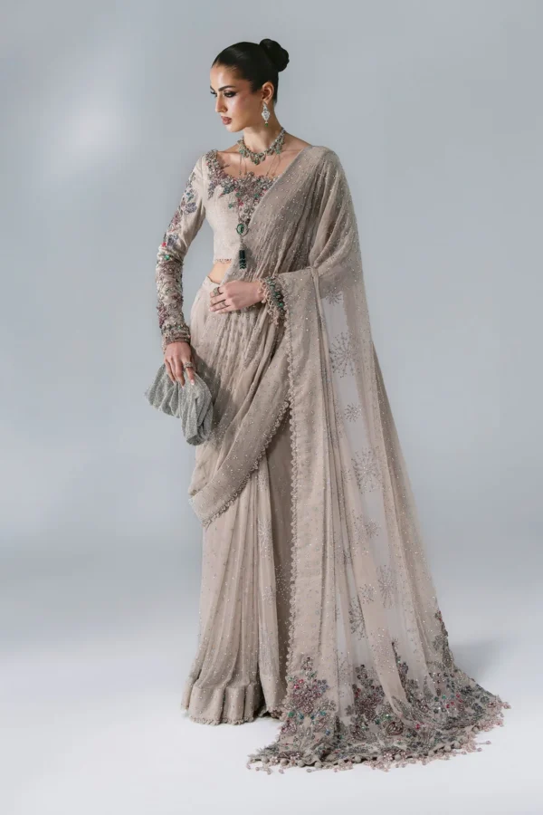 Maria B Embroidered Chiffon Saree BD-3103, 3 piece unstitched Maria B new collection 2026 with price for brides, bridesmaid and mother of the bride in UK, full front look