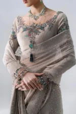 Maria B Embroidered Chiffon Saree BD-3103, 3 piece unstitched Maria B new collection 2026 with price for brides, bridesmaid and mother of the bride in UK, blouse look