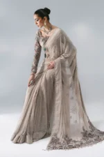 Maria B Embroidered Chiffon Saree BD-3103, 3 piece unstitched Maria B new collection 2026 with price for brides, bridesmaid and mother of the bride in UK, sleeves look