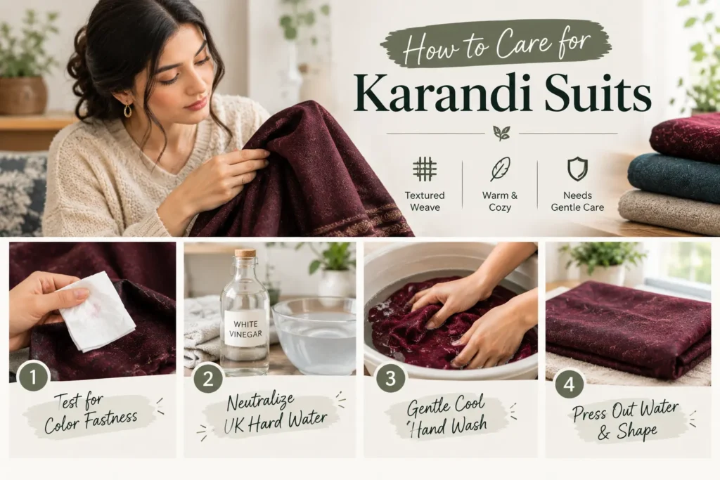 Woman inspecting burgundy Karandi fabric with a four-step visual guide to testing colour fastness, handling hard water, gentle hand washing, and drying Karandi suits safely.