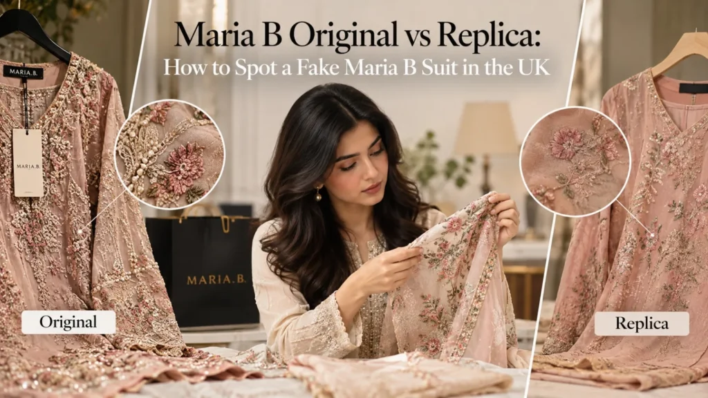 A woman compares embroidered pink Maria B suits in a boutique-style setting, with side-by-side “Original” and “Replica” sections and the title “Maria B Original vs Replica: How to Spot a Fake Maria B Suit in the UK.”