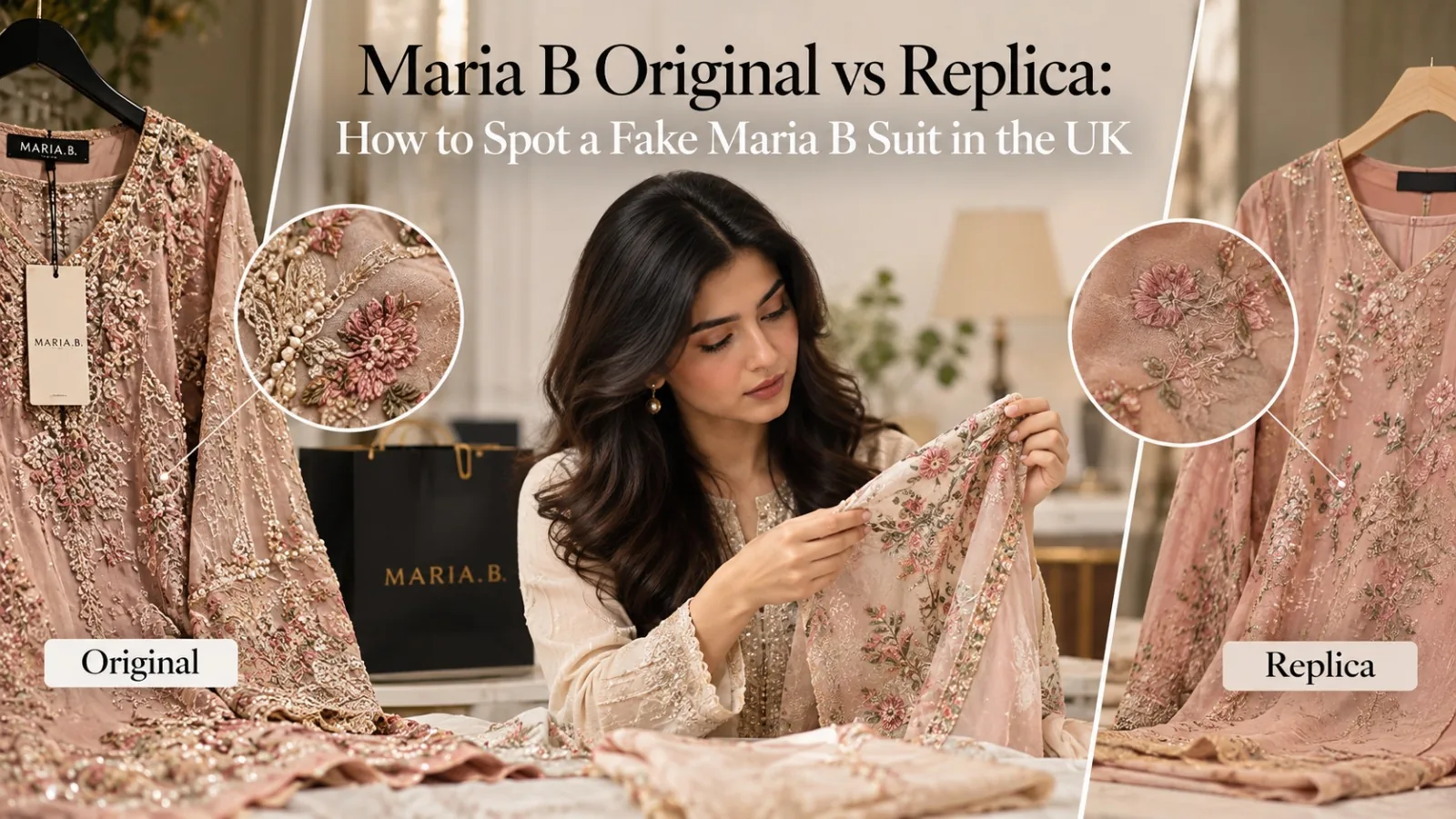 A woman compares embroidered pink Maria B suits in a boutique-style setting, with side-by-side “Original” and “Replica” sections and the title “Maria B Original vs Replica: How to Spot a Fake Maria B Suit in the UK.”