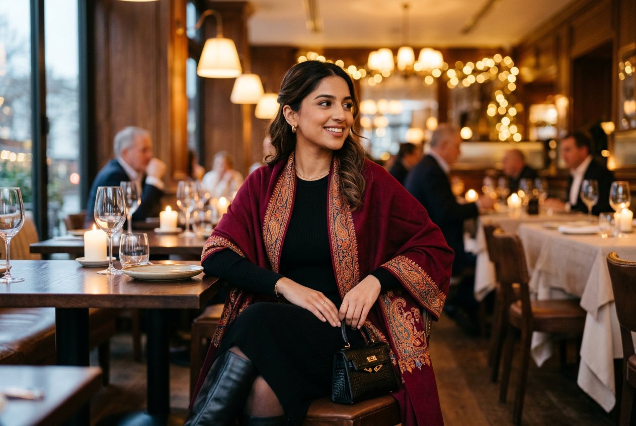 Woman in a black knitted midi dress and knee-high boots with a burgundy Pakistani wool shawl wrapped around her shoulders