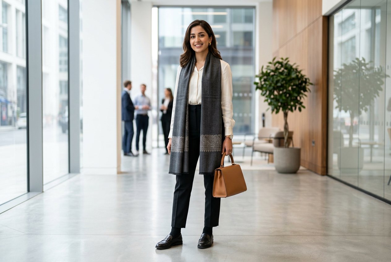 Woman in black tailored trousers and an ivory blouse with a charcoal Pakistani wool shawl and a structured handbag