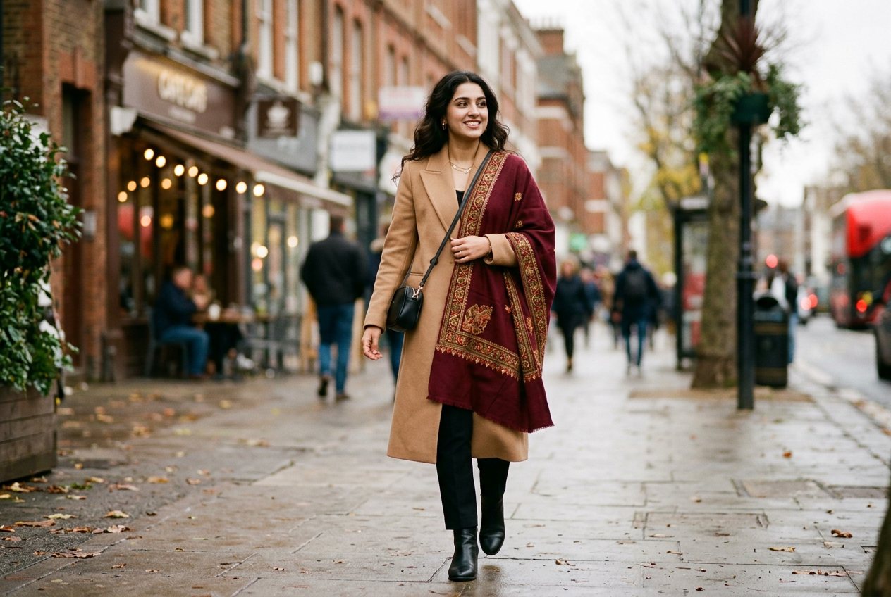Woman in a camel wool coat with a maroon embroidered Pakistani shawl over one shoulder on a British high street