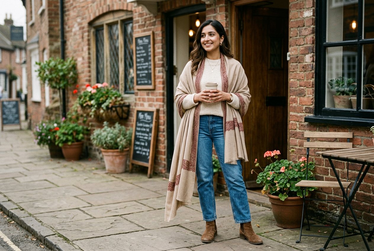 Woman wearing blue jeans, a cream jumper and ankle boots with a beige Pakistani wool shawl draped over her shoulders