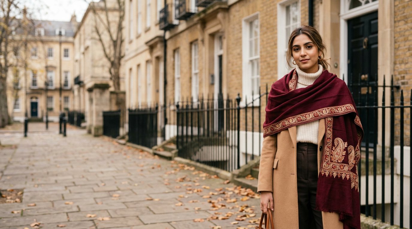 Woman in a camel coat with a burgundy embroidered Pakistani woolen shawl on a London street