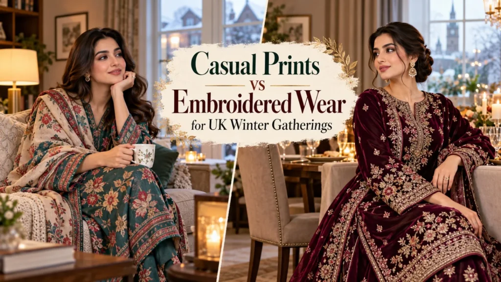Casual printed Pakistani winter suit and embroidered velvet suit for UK winter gatherings