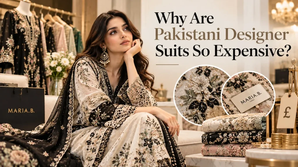 A woman wearing an elegant black and ivory embroidered Pakistani designer suit sits in a luxury boutique, showcasing Maria B fashion, intricate hand embroidery, premium fabrics, and craftsmanship, with the title “Why Are Pakistani Designer Suits So Expensive?”