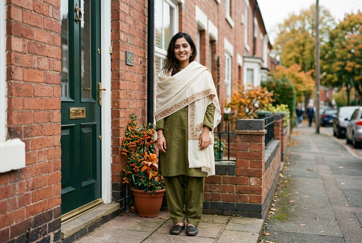 Woman in an olive green khaddar shalwar kameez with a cream embroidered wool shawl outside a Birmingham home