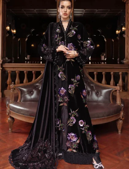 Maria B velvet and linen collection -Winter Luxe 2025 WL-1306 black and purple embroidered velvet unstitched suit with palachi dupatta. Pakistani Clothing Brands in the UK